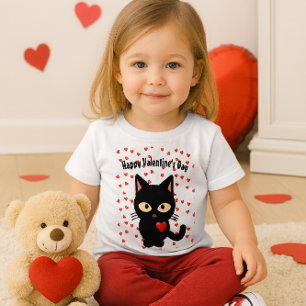 Camiseta De Bebé Gato Negro Lindo Día de San Valentín Corazones de 