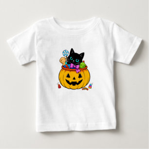 Camiseta De Bebé Gato negro lindo en cubeta de calabaza Halloween D