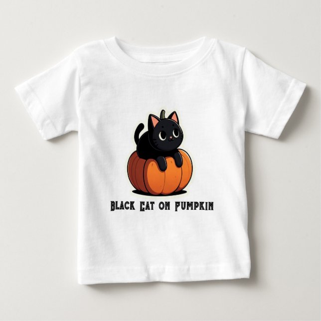 Camiseta De Bebé Gato negro sobre calabaza (Anverso)