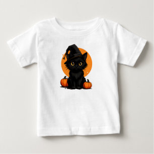 Camiseta De Bebé Gato negro sobre calabazas bajo luna llena