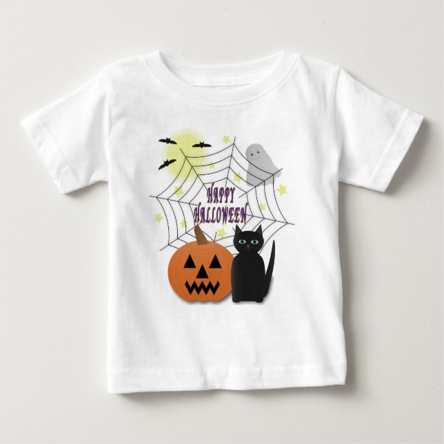 Camiseta De Bebé Gato negro y calabaza no asusta Halloween (Anverso)