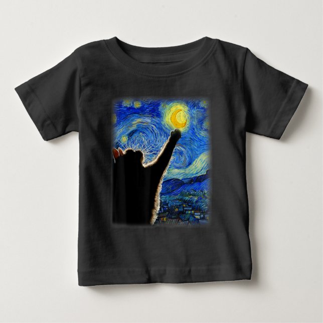 Camiseta De Bebé Gato nocturno estrellado, Gato Van Gogh Amante Pap (Anverso)