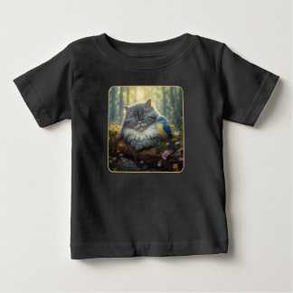 Camiseta De Bebé Gato y ave en naturaleza serena