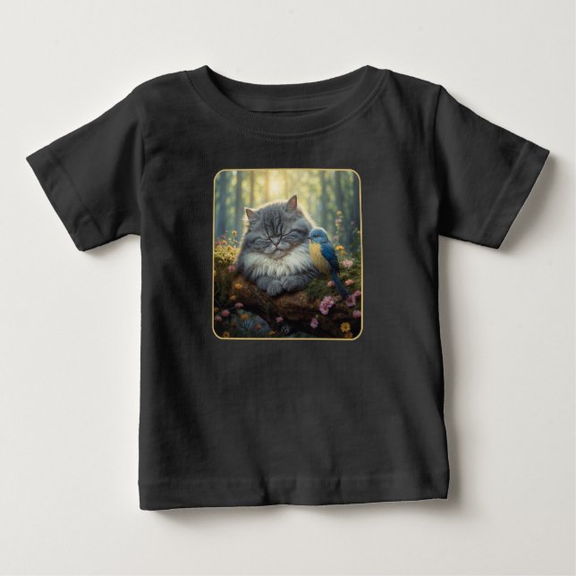 Camiseta De Bebé Gato y ave en naturaleza serena (Anverso)