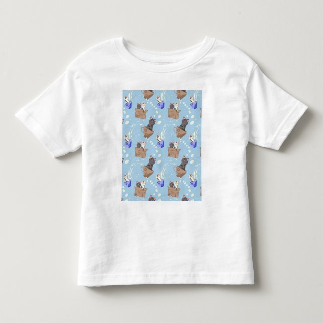 Camiseta De Bebé Gatos en caja y gotas de leche en azul (Anverso)
