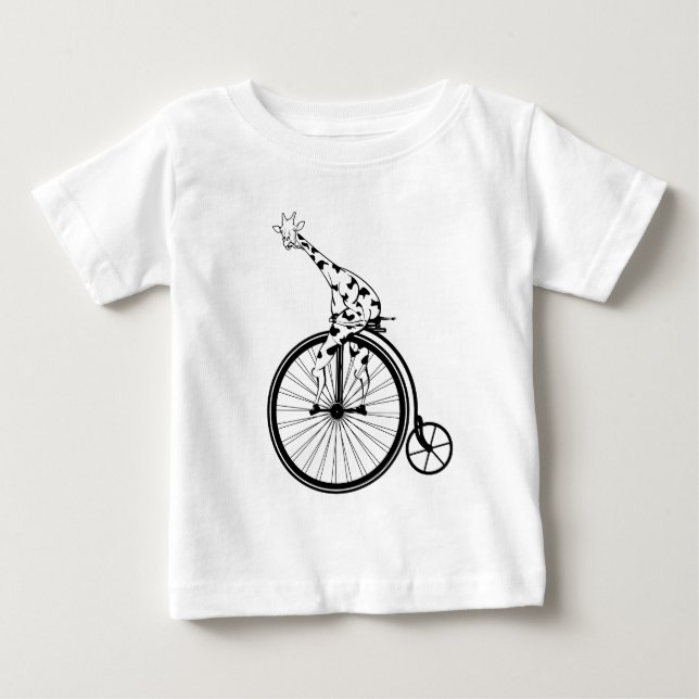 Camiseta De Bebé Girafa blanca y negra montando en bicicleta (Anverso)