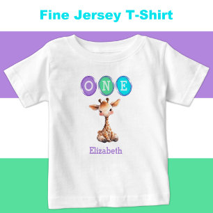 Camiseta De Bebé Giraffe 1º cumpleaños uno con nombre púrpura