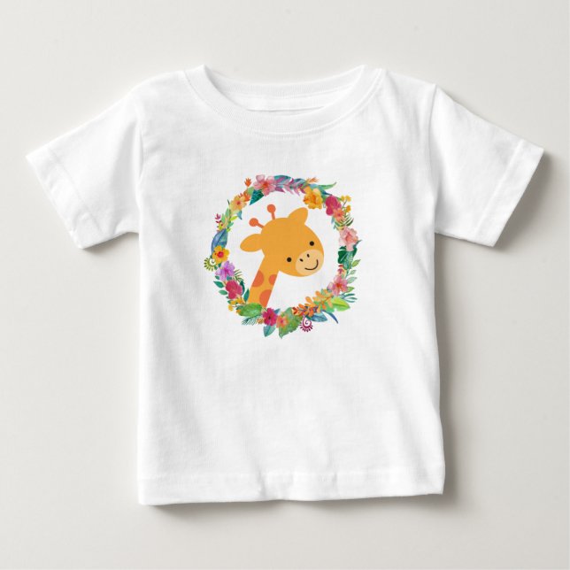 Camiseta De Bebé Giraffe cuta con una guirnalda floral acuática (Anverso)