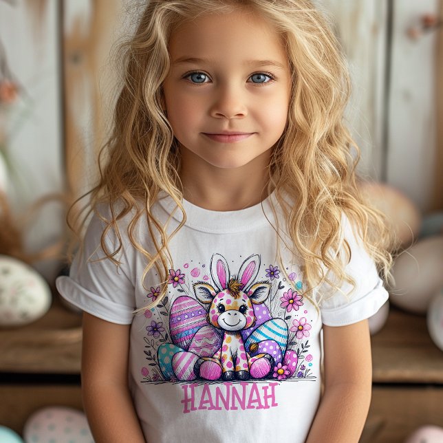 Camiseta De Bebé Giraffe Easter T-Shirt Nombre personalizado Chicas (Kids name Easter t-shirt)