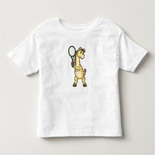 Camiseta De Bebé Giraffe en el tenis con raqueta de tenis