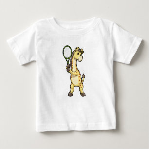Camiseta De Bebé Giraffe en el tenis con raqueta de tenis