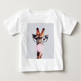 Camiseta De Bebé Giraffe Usando Gafas Que Soplan Goma Rosa De Burbu