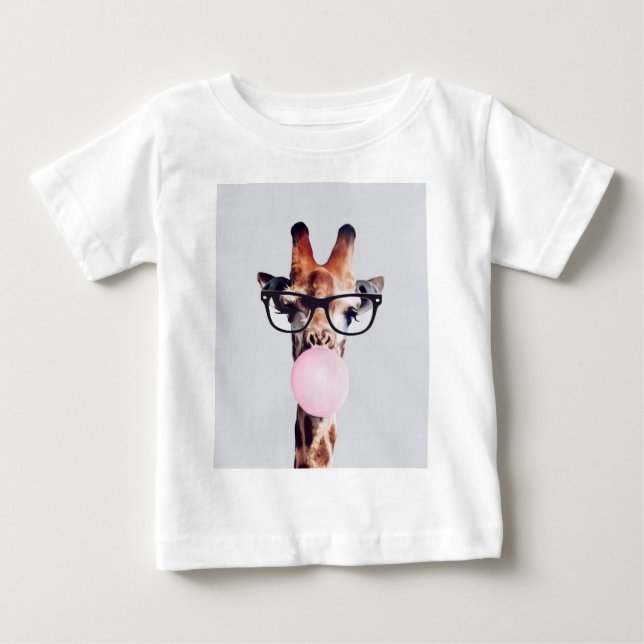 Camiseta De Bebé Giraffe Usando Gafas Que Soplan Goma Rosa De Burbu (Anverso)