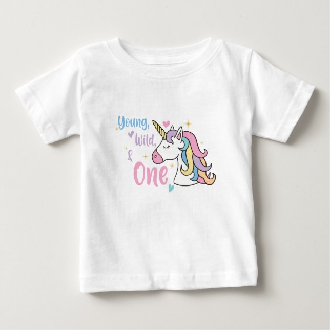 Camiseta De Bebé Girly Young Wild One Unicorn Primer cumpleaños (Anverso)