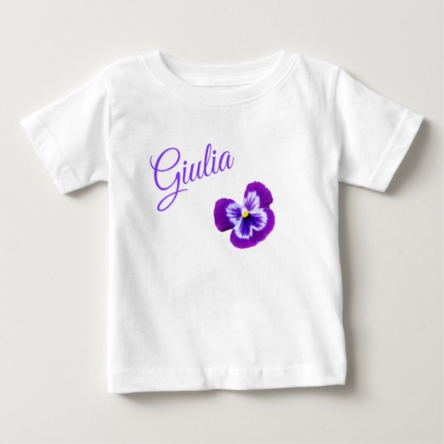 Camiseta De Bebé Giulia, Logo De Nombre Con Pansy Púrpura De Bonito (Anverso)