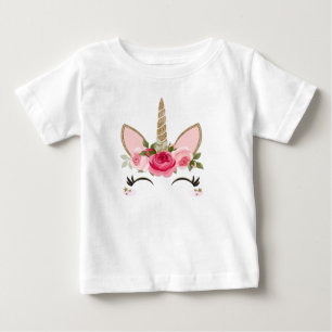 Camiseta De Bebé Glitter de Oro y Unicornio Floral Rosa de Moda