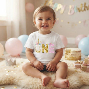 Camiseta De Bebé Glitter Dorado Unicornio Rosa Cumpleaños 1 