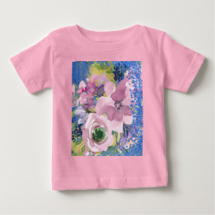 Camiseta De Bebé Glitter Floral Acuarela Azules Lavanda