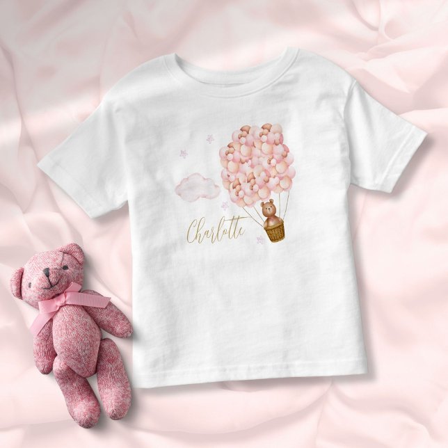 Camiseta De Bebé Globos rosados de osito con letra dorada (Teddy Bear Pink Balloons Gold Script Toddler T-shirt)