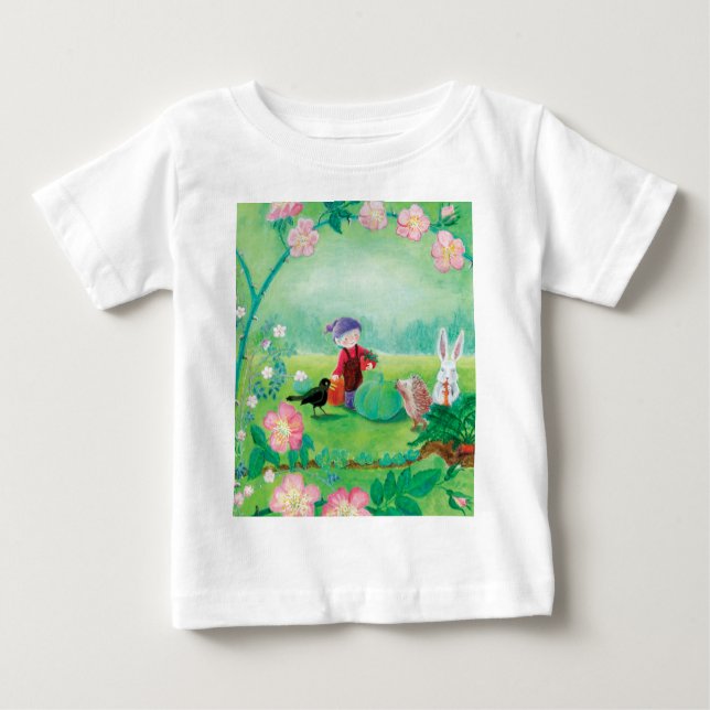 Camiseta De Bebé Gnome jardener, Blackbird, Hedgehog y Conejo Blanc (Anverso)