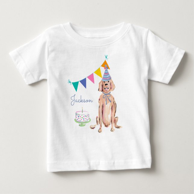 Camiseta De Bebé Golden Retriever Dog First Birthday Cake Name (Anverso)