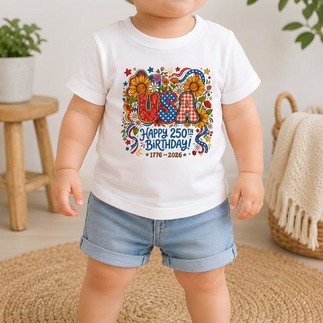 Camiseta De Bebé Gráfica de girasol del 250 cumpleaños de EE. UU. (patriotic USA 250th Birthday Sunflower Graphic Baby T-Shirt)
