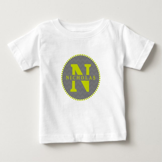 Camiseta De Bebé Gris Chevron + Green Monogram Romper (Anverso)