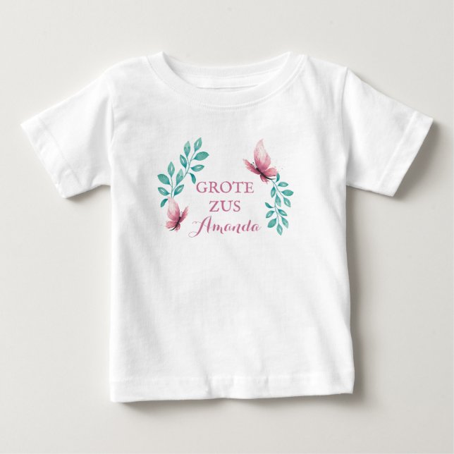 Camiseta De Bebé Grote zus aanpasbaar naam met waterkleur floras (Anverso)