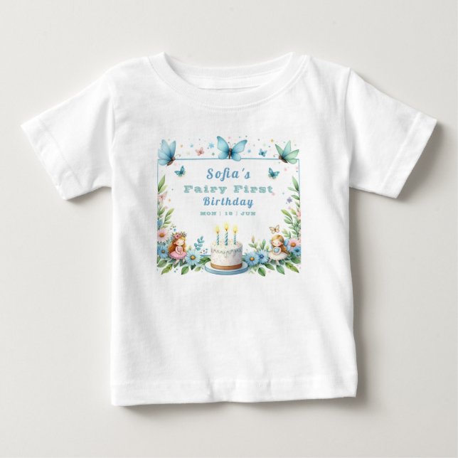 Camiseta De Bebé Hada Mariposa Pastel Azul - Primer Cumpleaños (Anverso)