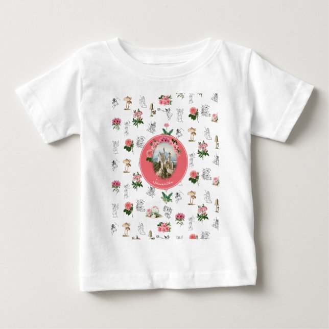 Camiseta De Bebé Hadas Floral Rosa Hongo Castillo de Hadas Monogram (Anverso)