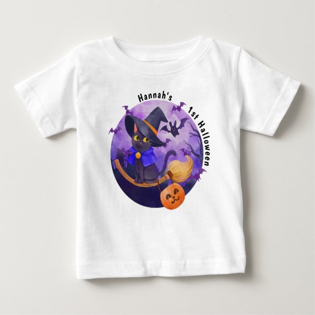 Camiseta De Bebé Halloween Baby Cute Cat Witch Nombre Personalizado (Anverso)