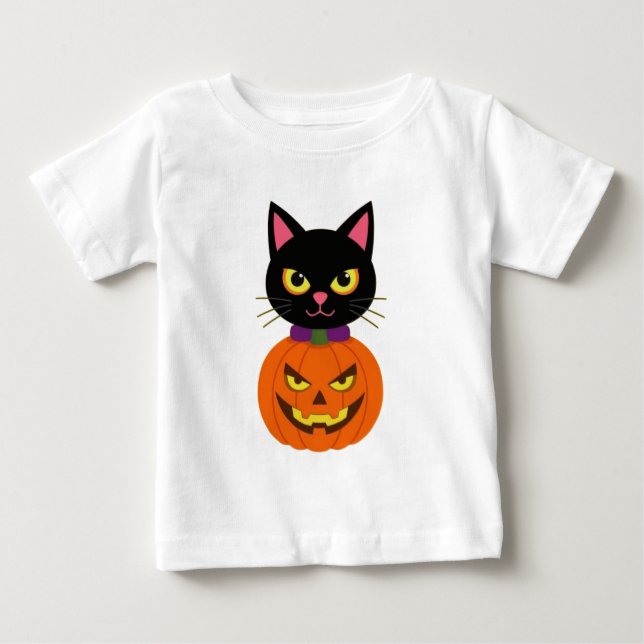 Camiseta De Bebé Halloween de Black Cat & Jack-O'-Lantern espeluzna (Anverso)