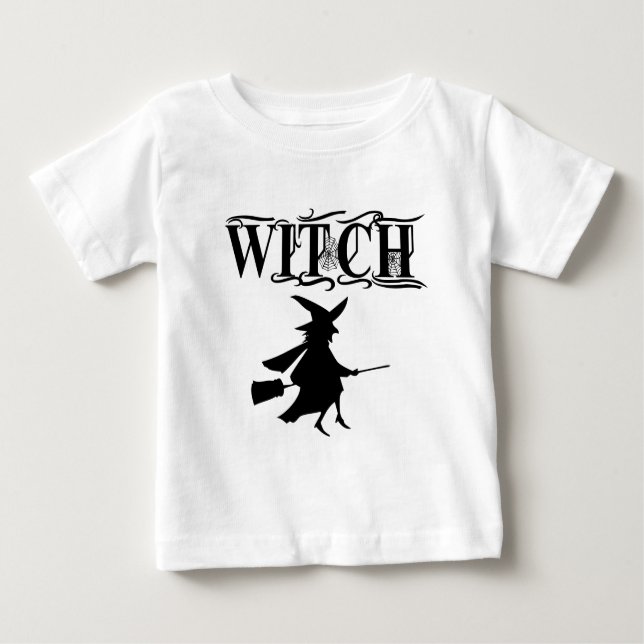 Camiseta De Bebé Halloween de bruja voladora malvada negra (Anverso)