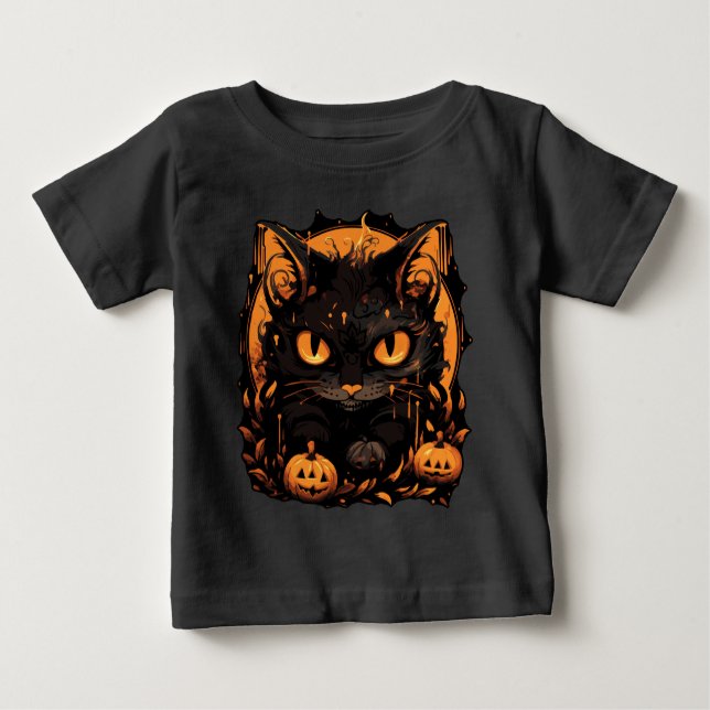 Camiseta De Bebé Halloween encantador: Gato negro entre calabazas (Anverso)