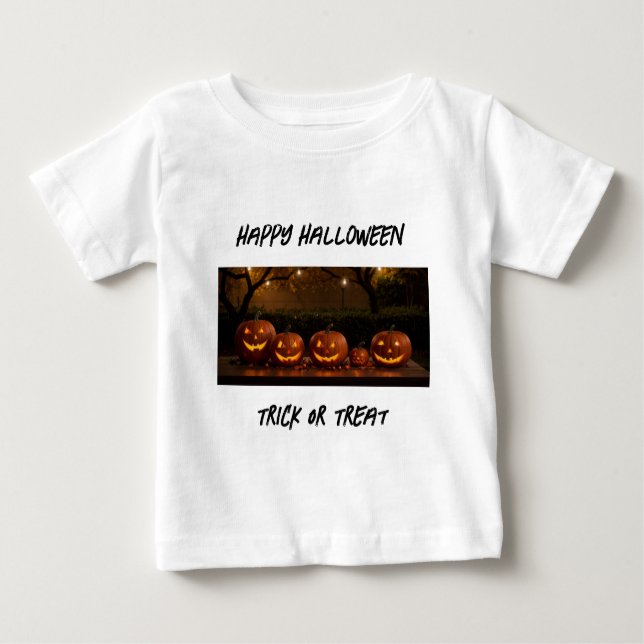 Camiseta De Bebé Halloween feliz, calabazas esculpidas (Anverso)