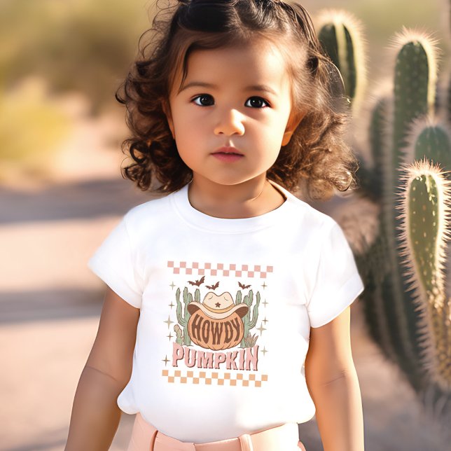 Camiseta De Bebé Halloween Halloween Retro Rosa Occidental (Howdy Pumpkin Halloween Retro Western Pink Toddler T-shirt)
