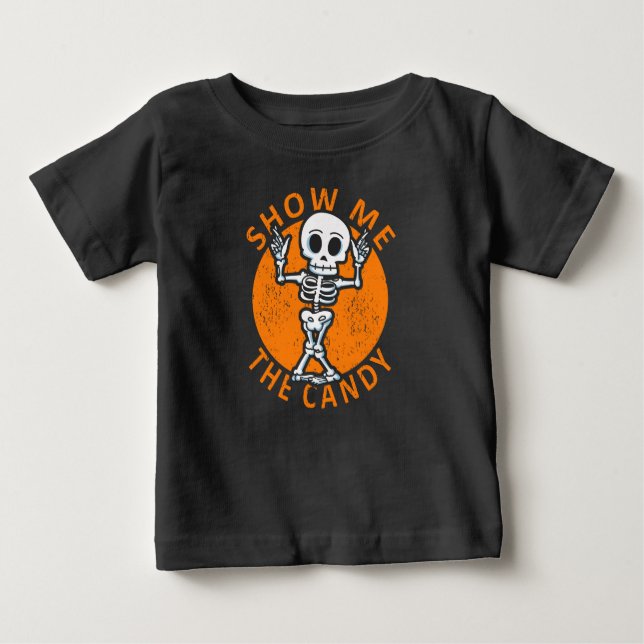 Camiseta De Bebé Halloween Muéstrame El Esqueleto De Los Candy (Anverso)