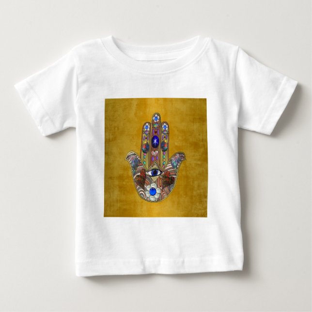 Camiseta De Bebé Hamsa Hearts Flores: Arte Opal sobre Oro (Anverso)
