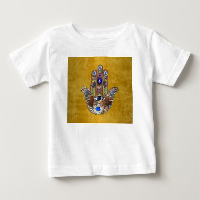 Camiseta De Bebé Hamsa Hearts Flores: Arte Opal sobre Oro (Anverso)