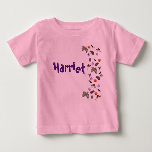 Camiseta De Bebé Harriet, nombre con animales australianos,  (Anverso)