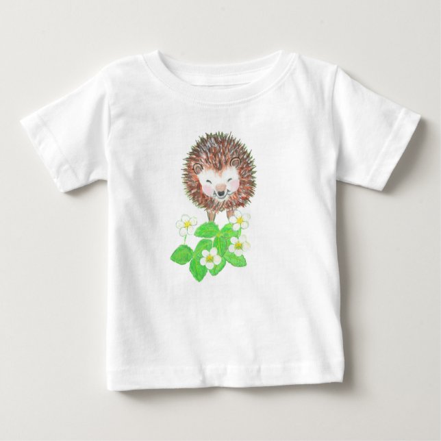 Camiseta De Bebé Hedgehog bebé y flores de fresa silvestres (Anverso)