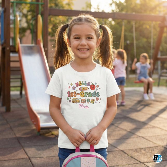 Camiseta De Bebé Hello 1st Grade Retro Groovy Custom Name Kids (Subido por el creador)