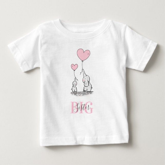 Camiseta De Bebé HERMANA GRANDE Gris rosa Elefante Personalizada (Anverso)