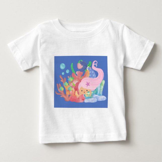 Camiseta De Bebé Hermosa sirena de PINK jugando abrazando un pez (Anverso)