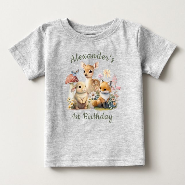 Camiseta De Bebé Hermoso Bunny Deer Fox Floral Primer cumpleaños (Anverso)