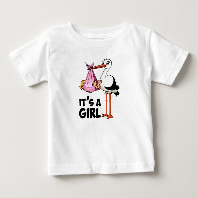 Camiseta De Bebé Hoera het is een meisje - ooievaar met baby. (Anverso)