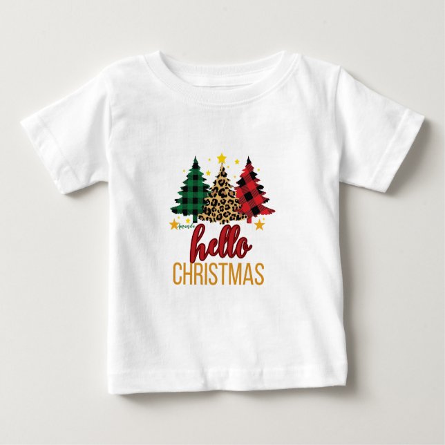 Camiseta De Bebé Hola Navidades Plaid Leopard Trees Nombre personal (Anverso)