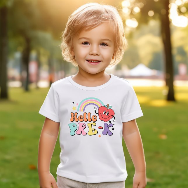 Camiseta De Bebé Hola pre-K Primer día Retro Apple Rainbow (Hello Pre-K First Day of Preschool Shirt)