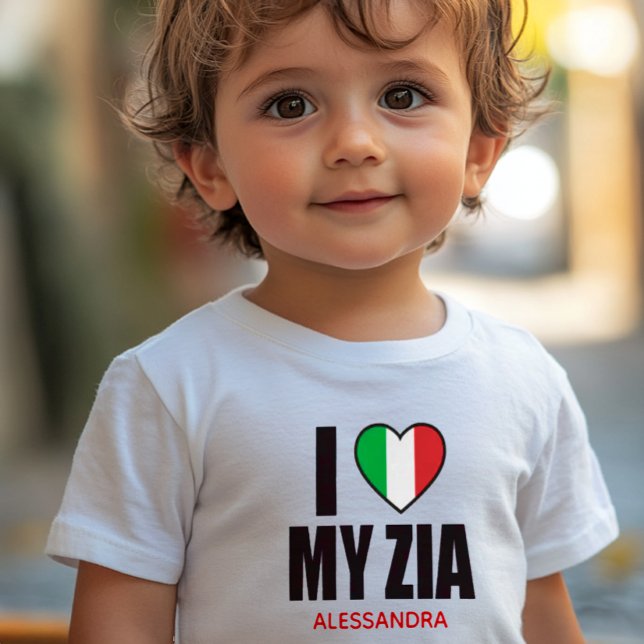 Camiseta De Bebé I LOVE MY ZIA  gift for Italian Aunt (White baby t-shirt with “I Love My Zia,” heart in Italian flag colors, customizable with Zia’s name)