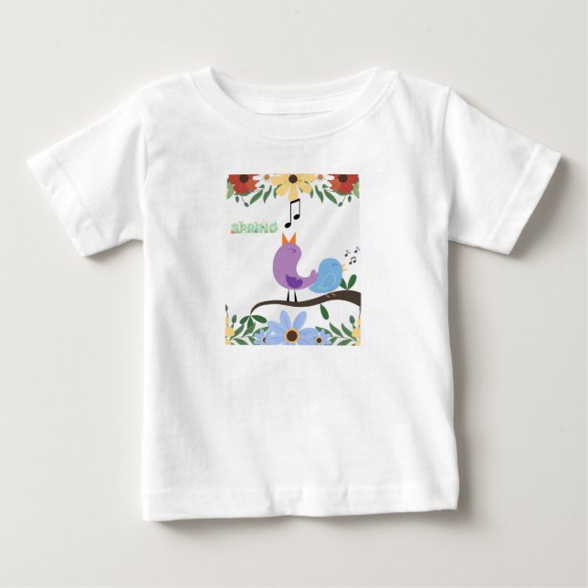 Camiseta De Bebé Ilustracion de aves y flores primavera (Anverso)